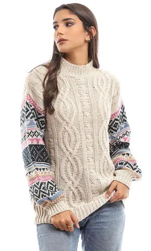 96246 Geometric Knit Long Sleeves Multicolour Pullover