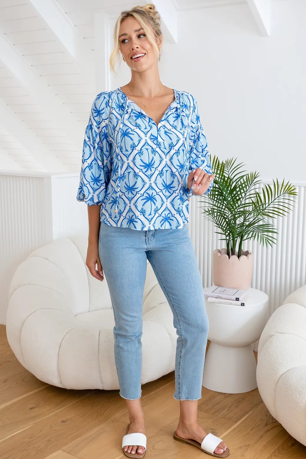 Angela Blouse Palm Cove Print Blue