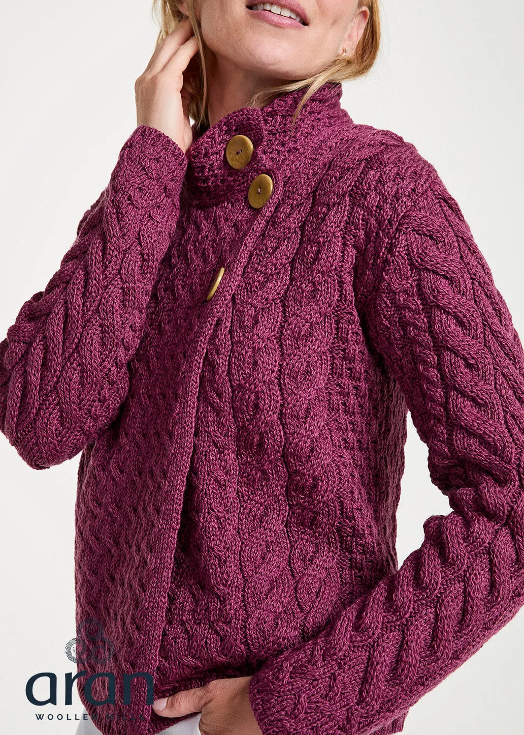 Aran 3 Buttons Trellis Cardigan | Raspberry