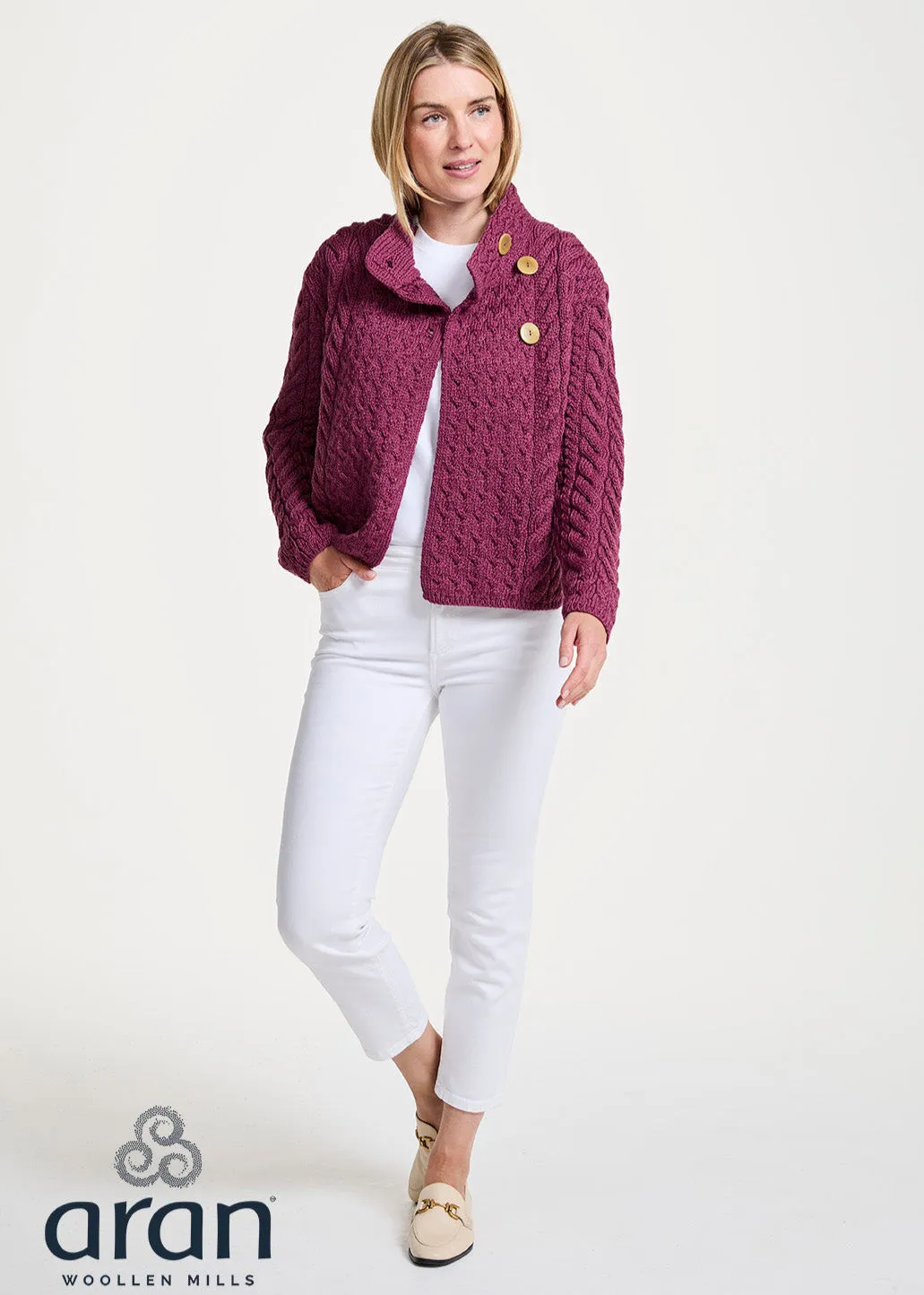 Aran 3 Buttons Trellis Cardigan | Raspberry