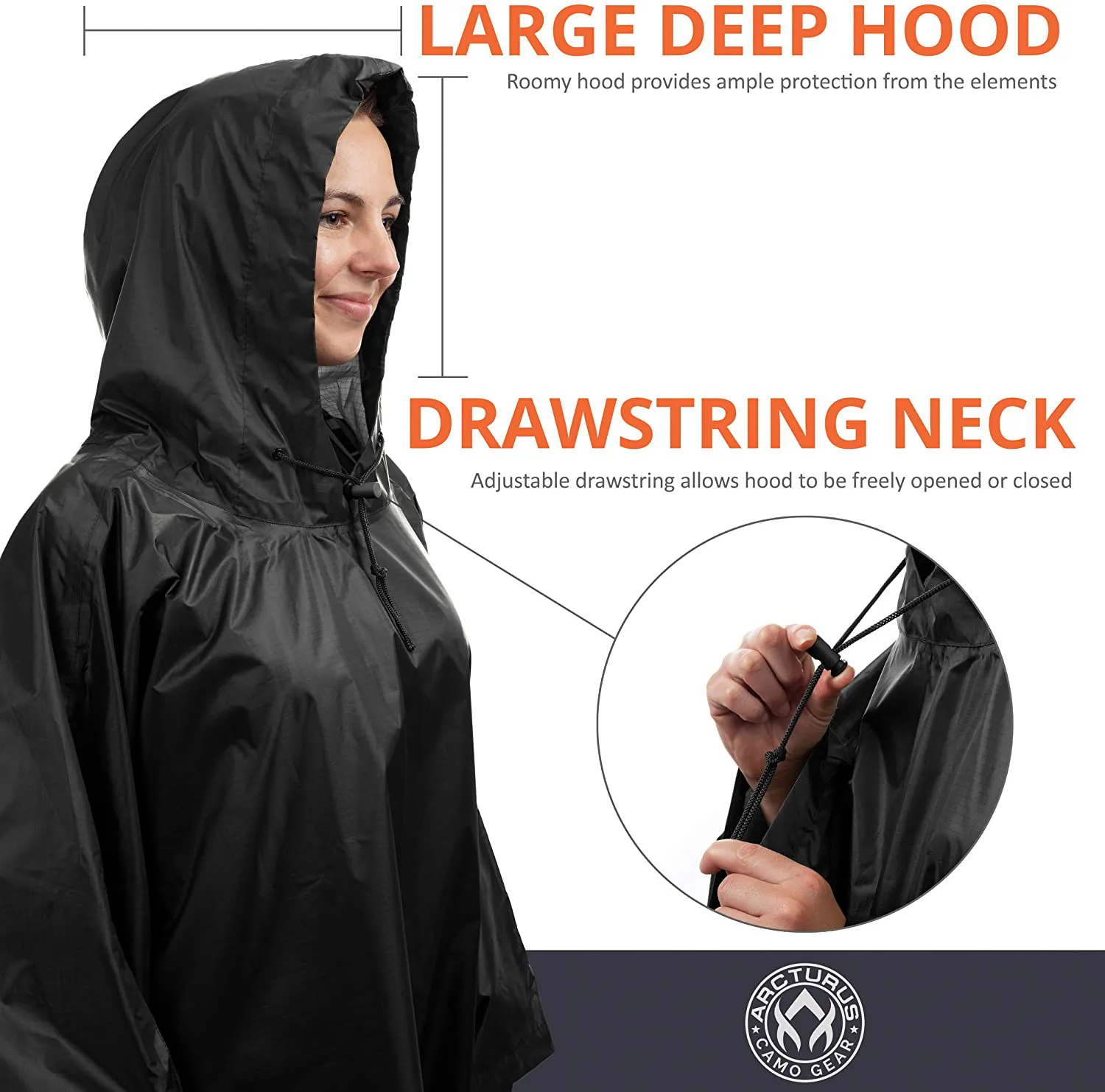 Arcturus Lightweight Ripstop Nylon Rain Poncho with Adjustable Hood