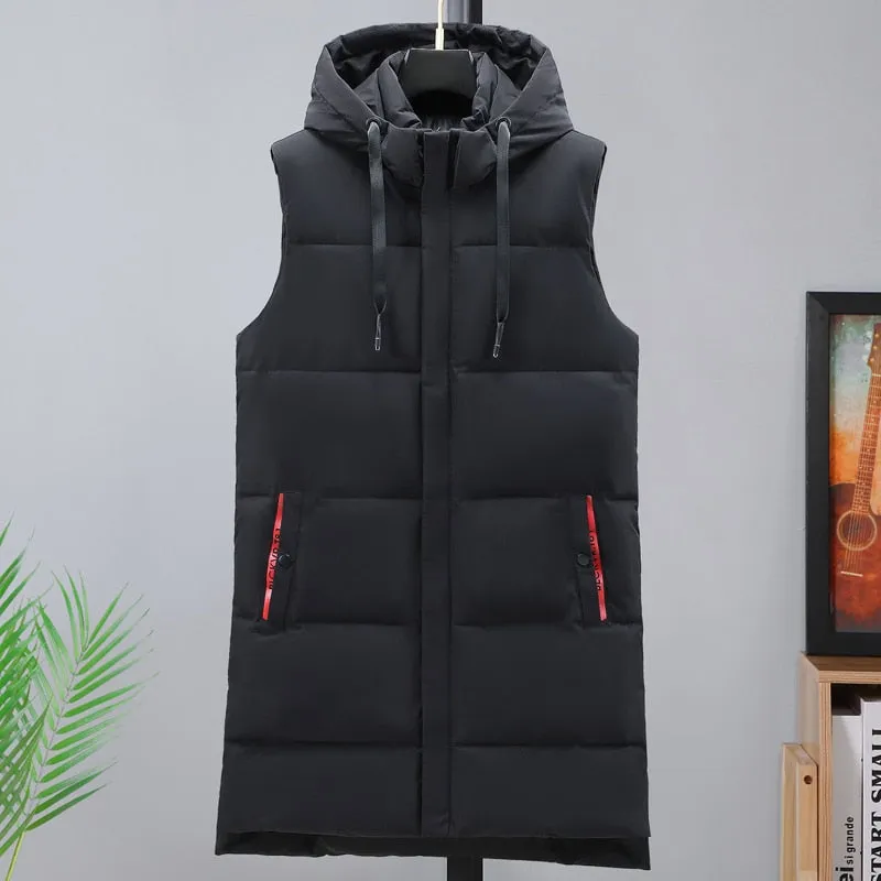 Autumn Winter Men Long Black Vest Hooded 2022 New Brand Fashion Thick Warm Cotton Padded Sleeveless Jacket Men&#39;s Clothes