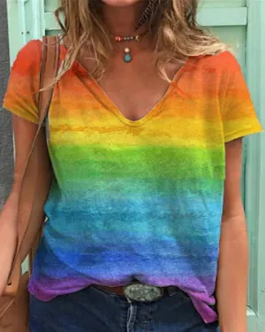 BerryBetty - Casual v-neck rainbow print short-sleeved t-shirt