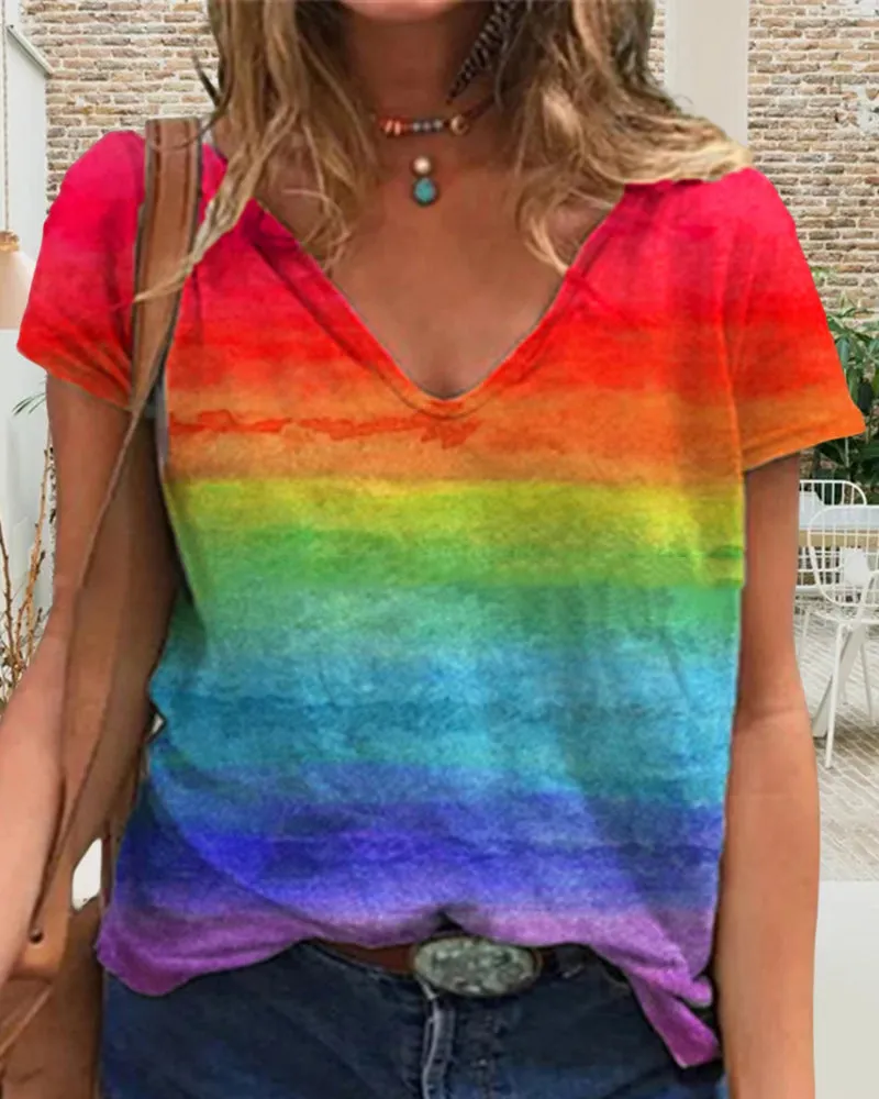 BerryBetty - Casual v-neck rainbow print short-sleeved t-shirt