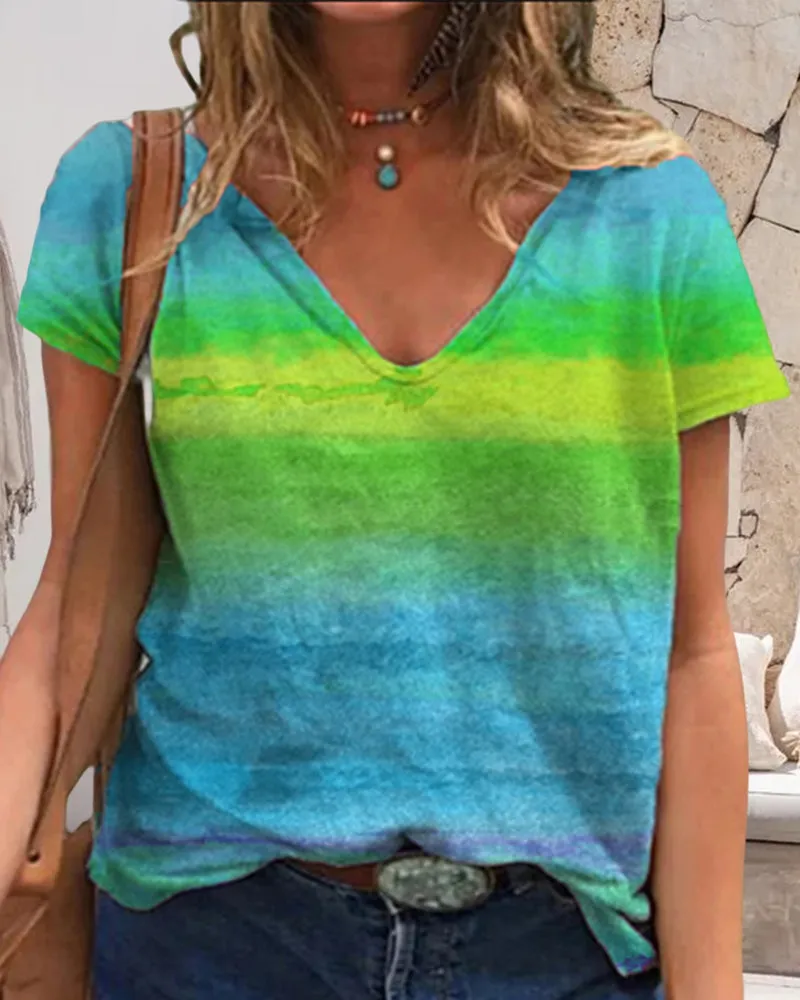 BerryBetty - Casual v-neck rainbow print short-sleeved t-shirt