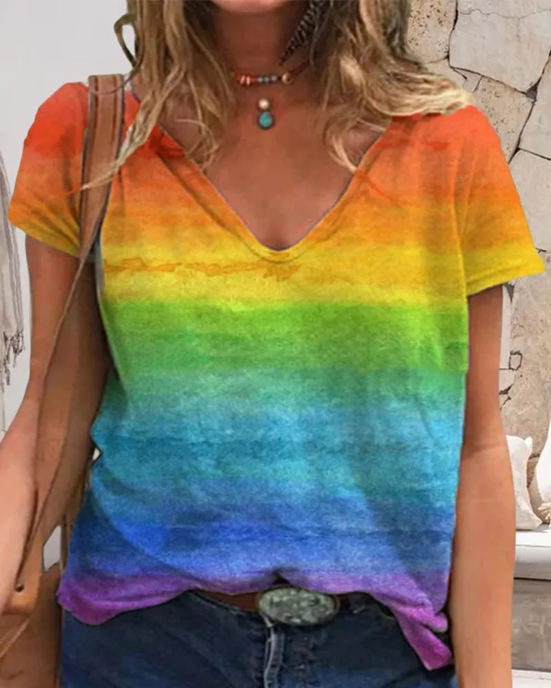 BerryBetty - Casual v-neck rainbow print short-sleeved t-shirt
