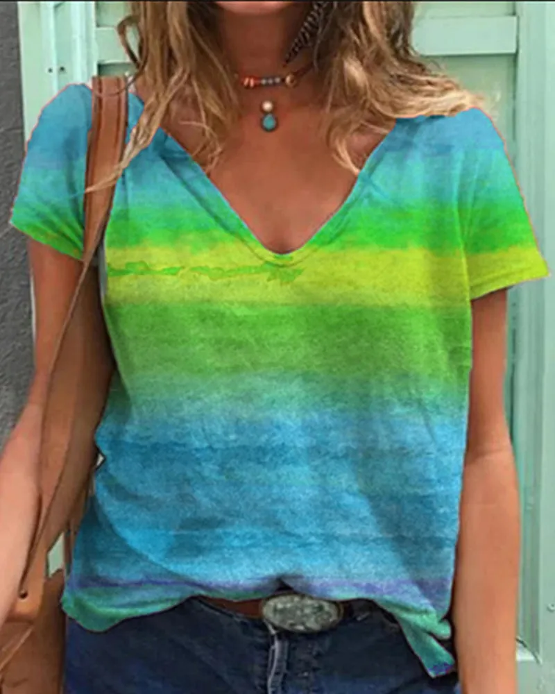 BerryBetty - Casual v-neck rainbow print short-sleeved t-shirt