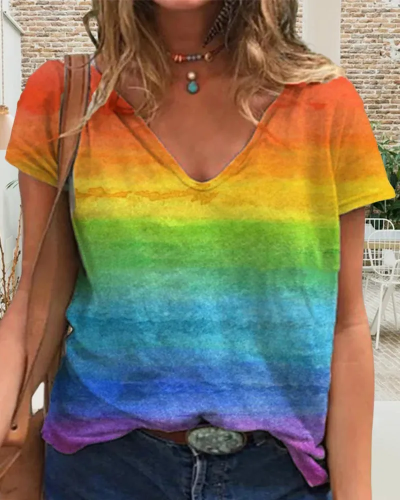 BerryBetty - Casual v-neck rainbow print short-sleeved t-shirt