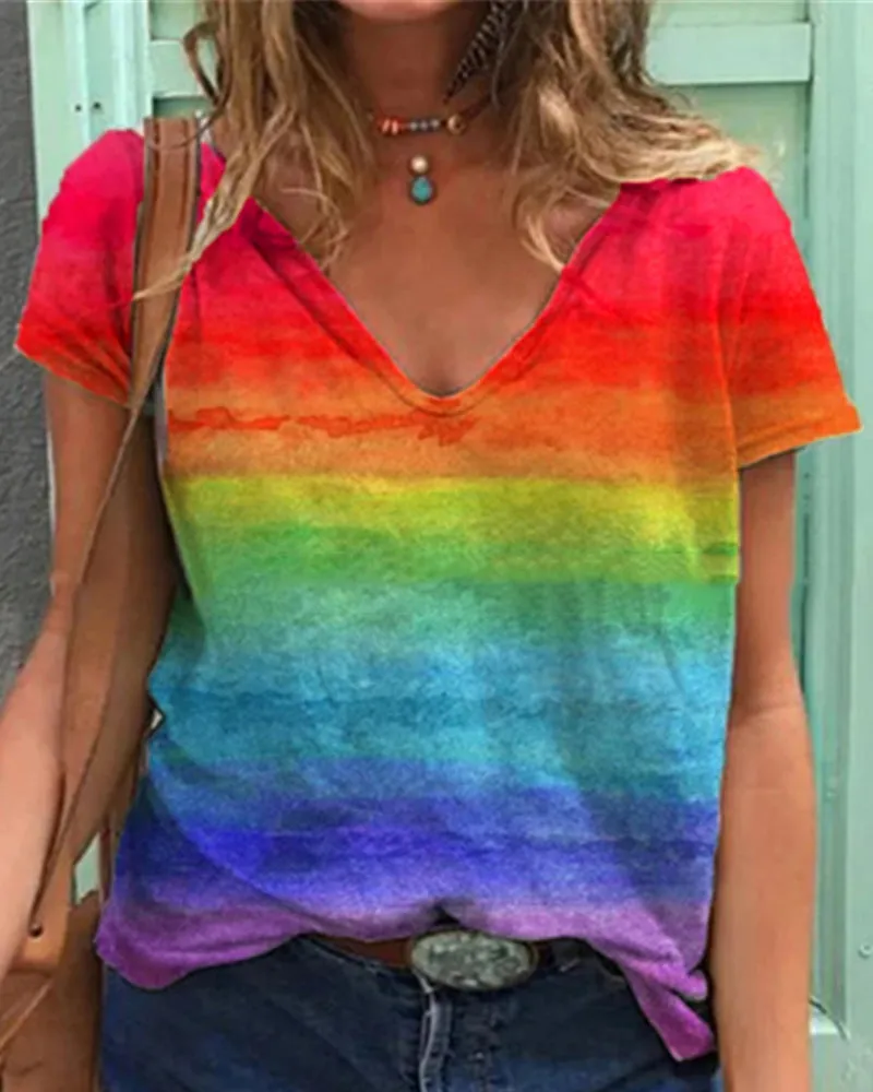 BerryBetty - Casual v-neck rainbow print short-sleeved t-shirt
