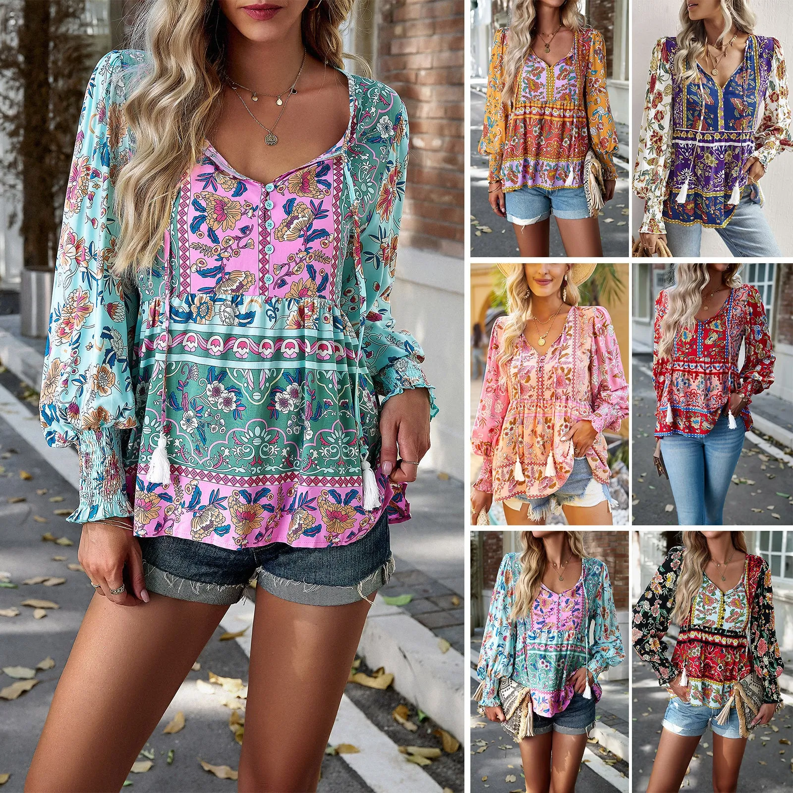 Bohemian Casual Floral Print Long Sleeve Shirt Wholesale Womens Tops