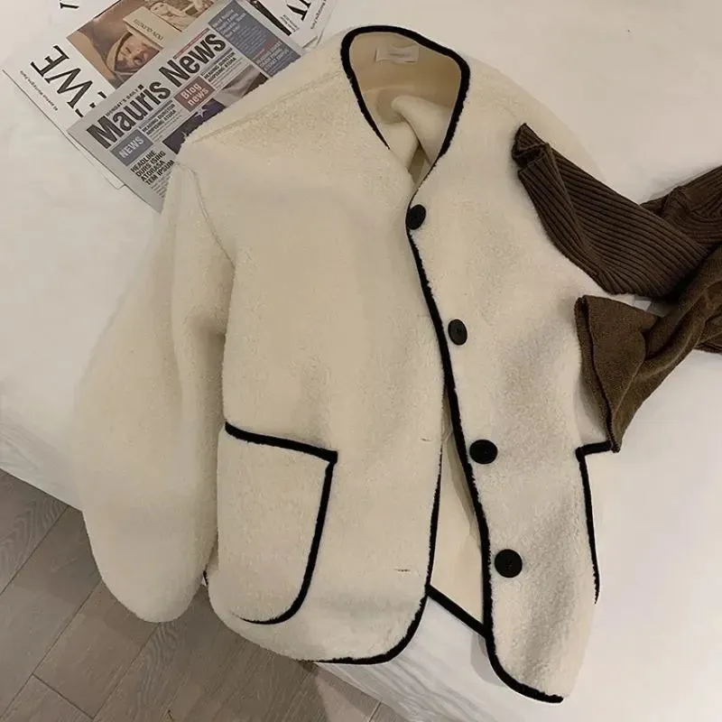 Bonnyshow Leisure Lamb Wool Long Sleeved Jacket for Women's Fashion Loose Button Short Style Thickened Lamb Wool Top