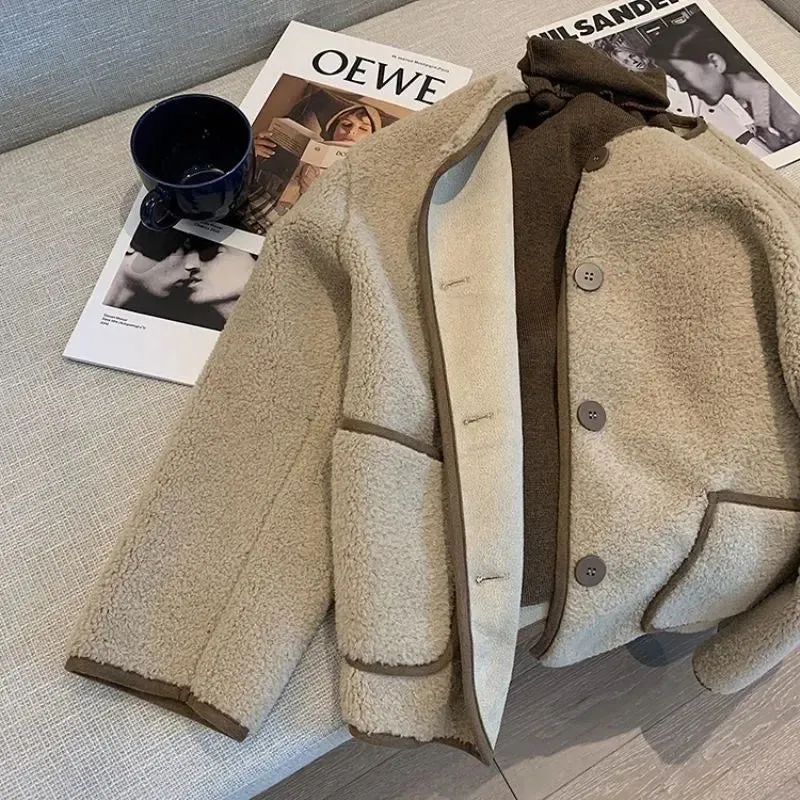 Bonnyshow Leisure Lamb Wool Long Sleeved Jacket for Women's Fashion Loose Button Short Style Thickened Lamb Wool Top