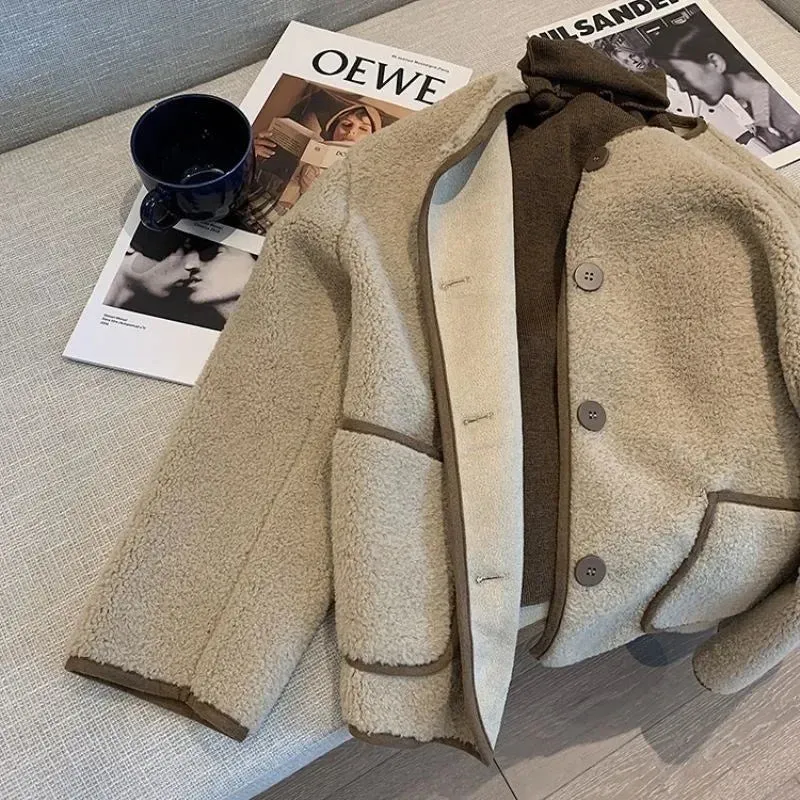 Bonnyshow Leisure Lamb Wool Long Sleeved Jacket for Women's Fashion Loose Button Short Style Thickened Lamb Wool Top