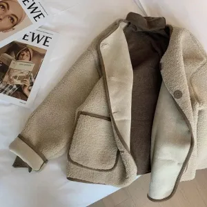 Bonnyshow Leisure Lamb Wool Long Sleeved Jacket for Women's Fashion Loose Button Short Style Thickened Lamb Wool Top