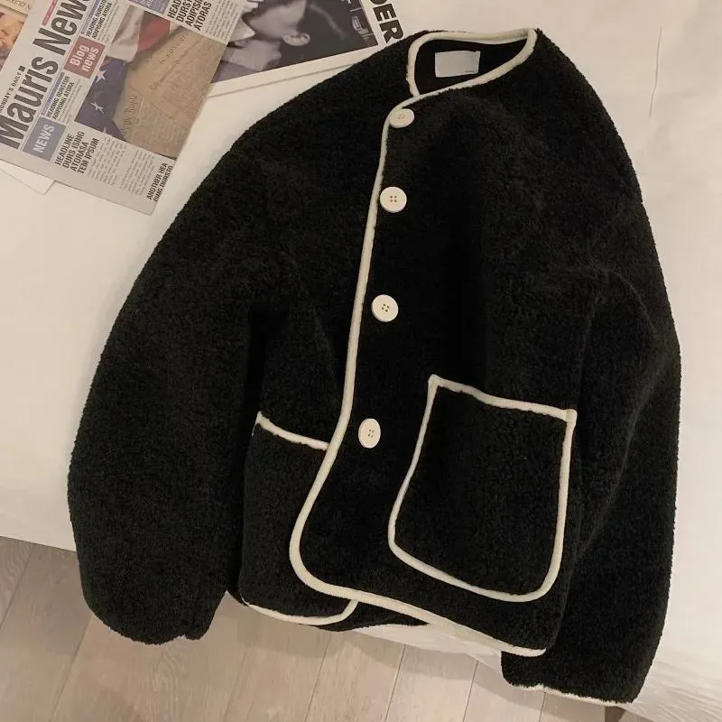 Bonnyshow Leisure Lamb Wool Long Sleeved Jacket for Women's Fashion Loose Button Short Style Thickened Lamb Wool Top