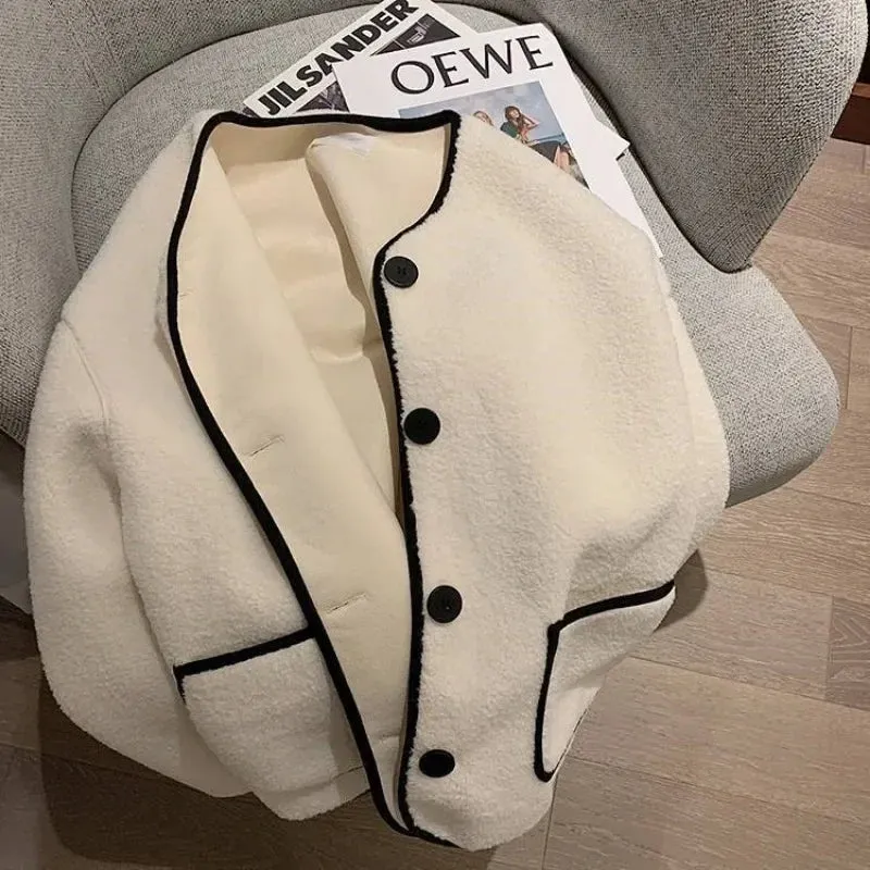Bonnyshow Leisure Lamb Wool Long Sleeved Jacket for Women's Fashion Loose Button Short Style Thickened Lamb Wool Top