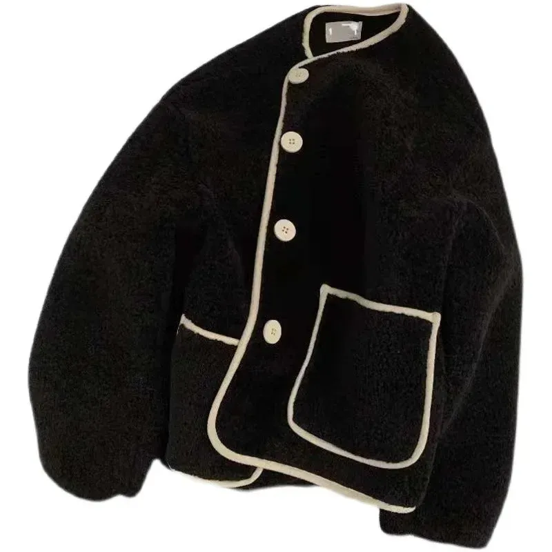 Bonnyshow Leisure Lamb Wool Long Sleeved Jacket for Women's Fashion Loose Button Short Style Thickened Lamb Wool Top