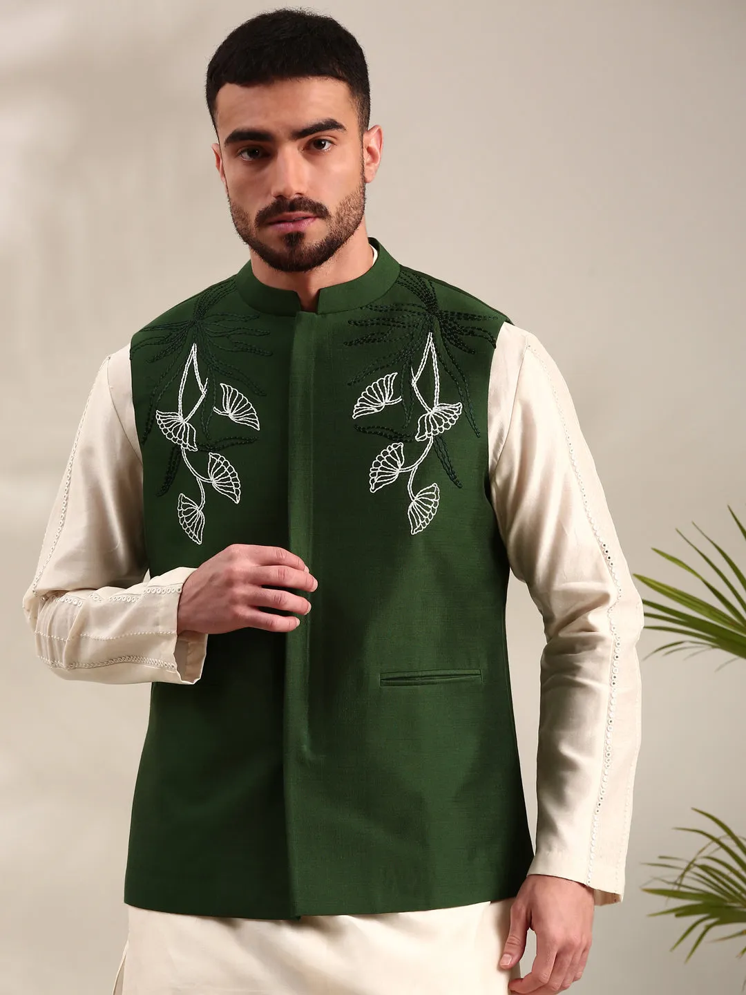 Bottle Green Cotton Silk Nehru Jacket