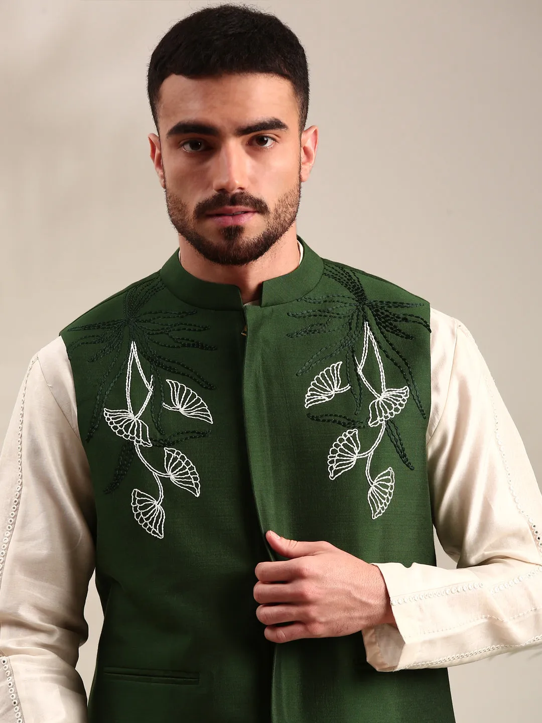 Bottle Green Cotton Silk Nehru Jacket
