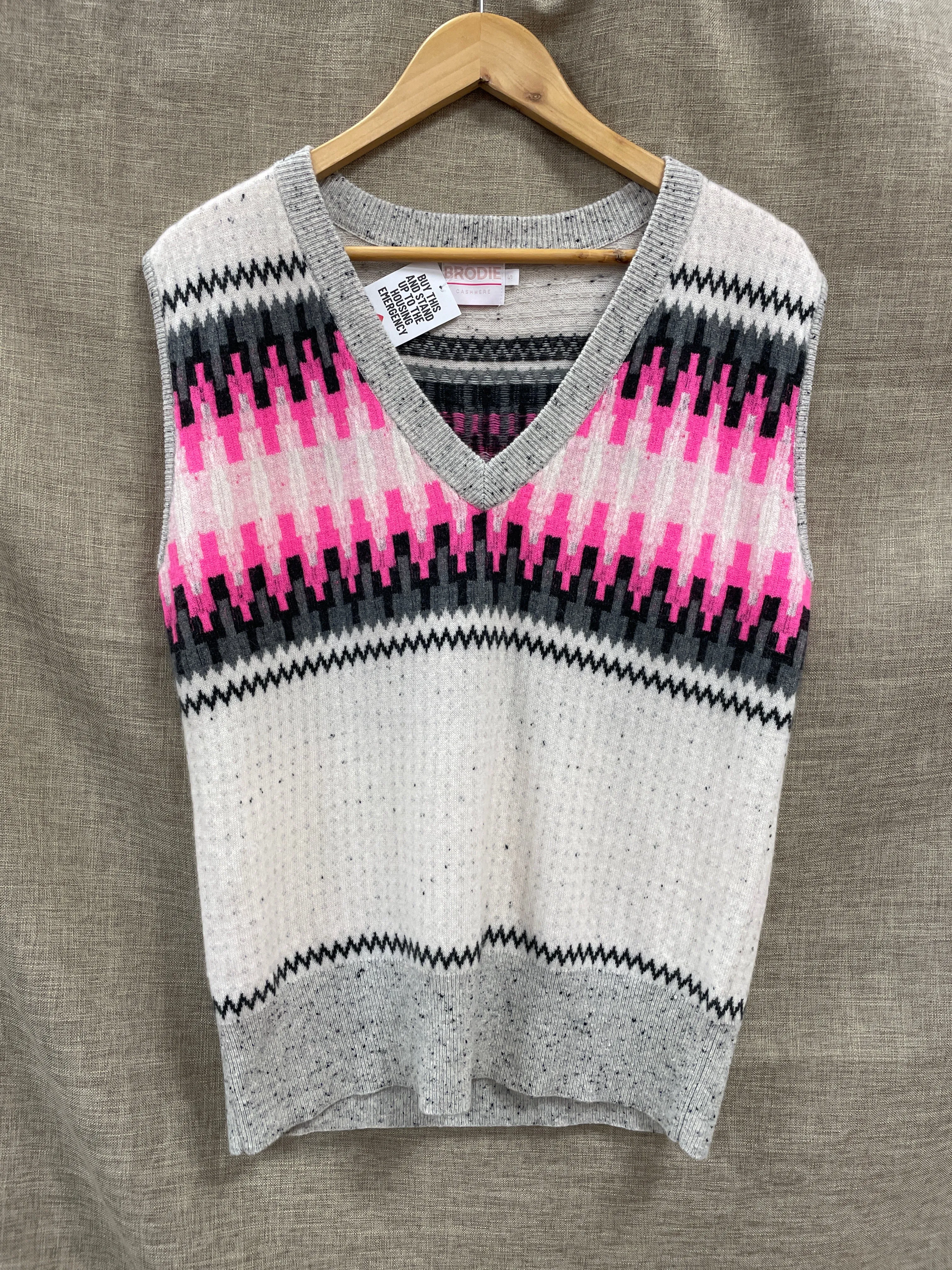 Brodie Cashmere Cream Grey Pink V Neck Tank Top Sleeveless Jumper Vest Small