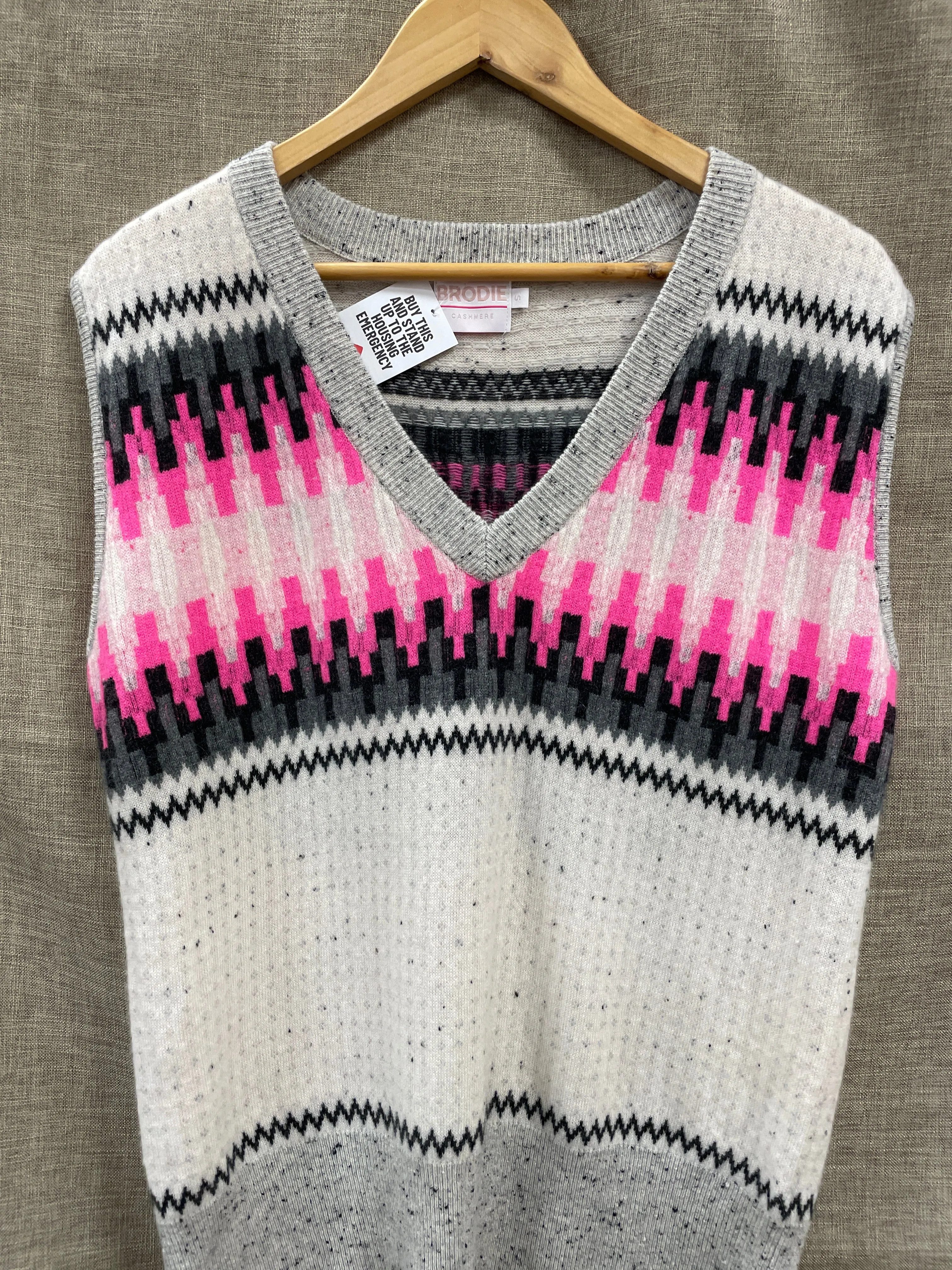 Brodie Cashmere Cream Grey Pink V Neck Tank Top Sleeveless Jumper Vest Small
