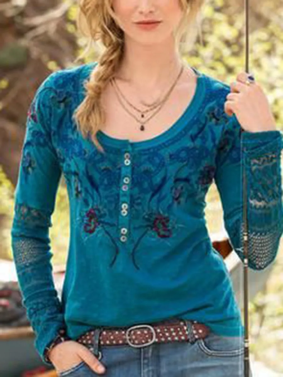 Casual Vintage Round Neck Button Lace Long Sleeve Top