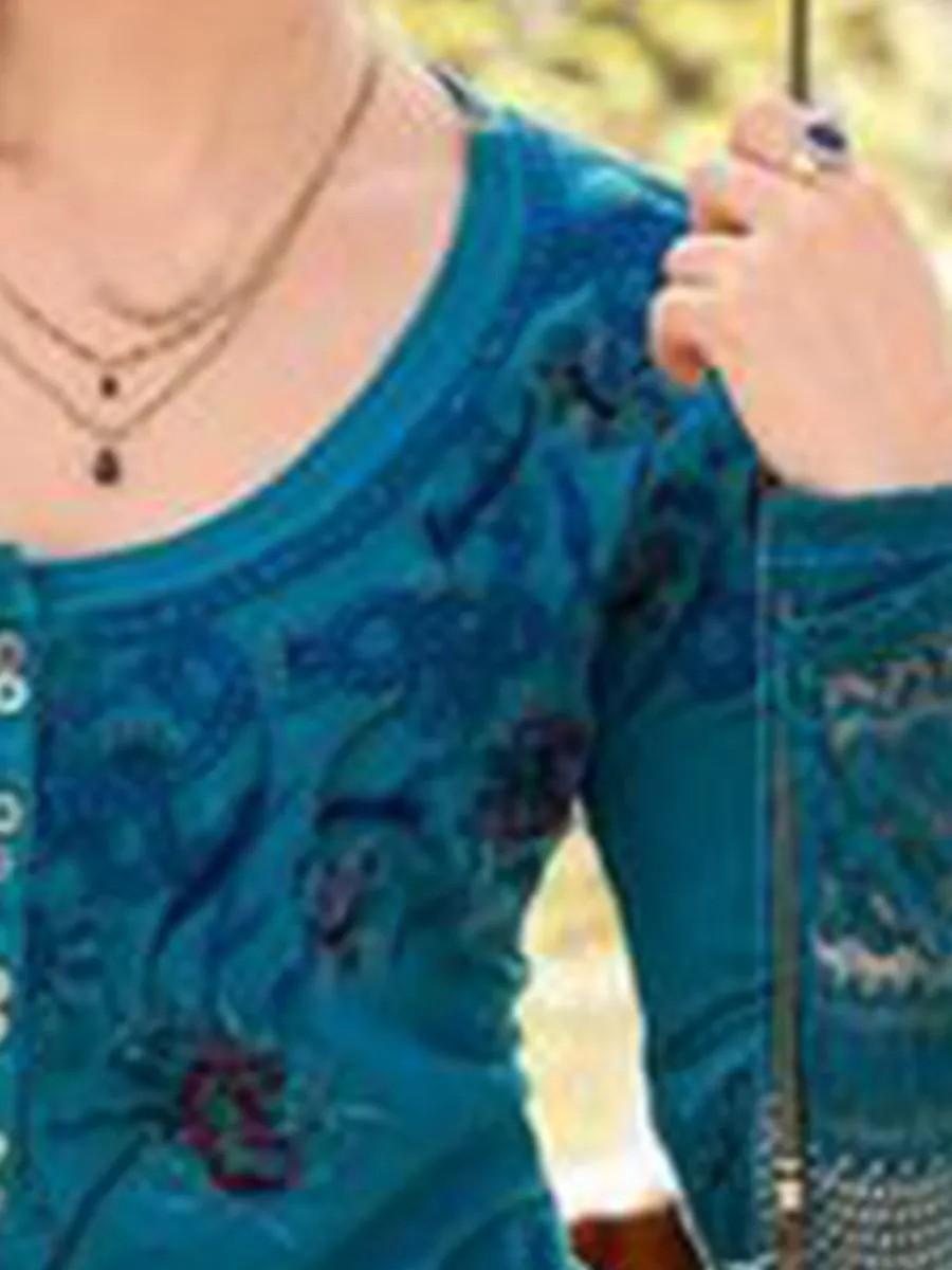 Casual Vintage Round Neck Button Lace Long Sleeve Top