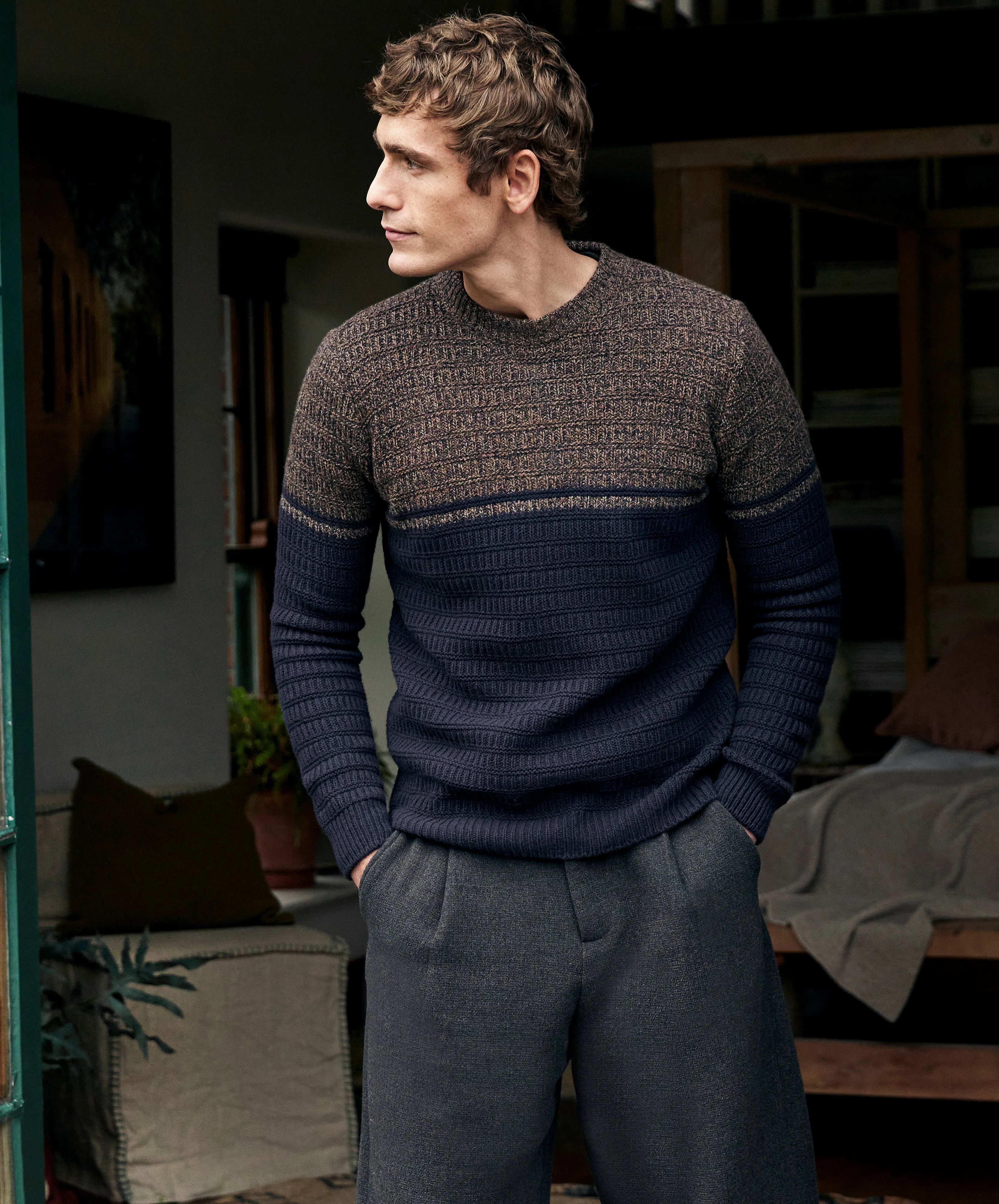 Colour Block Crew Neck Shadow Marl & Midnight Blue