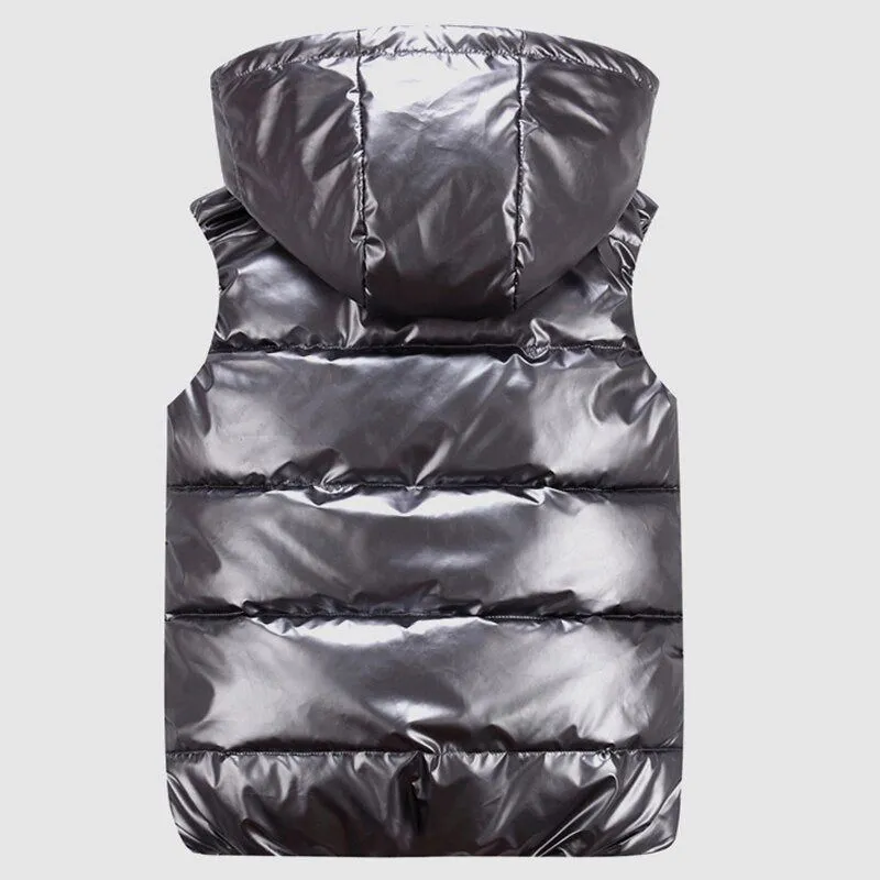 DIMUSI Men's Unisex Vest Winter Fashion Silver Metallic Colors Cotton-Padded Hooded Sleeveless Jackets Casual Thick