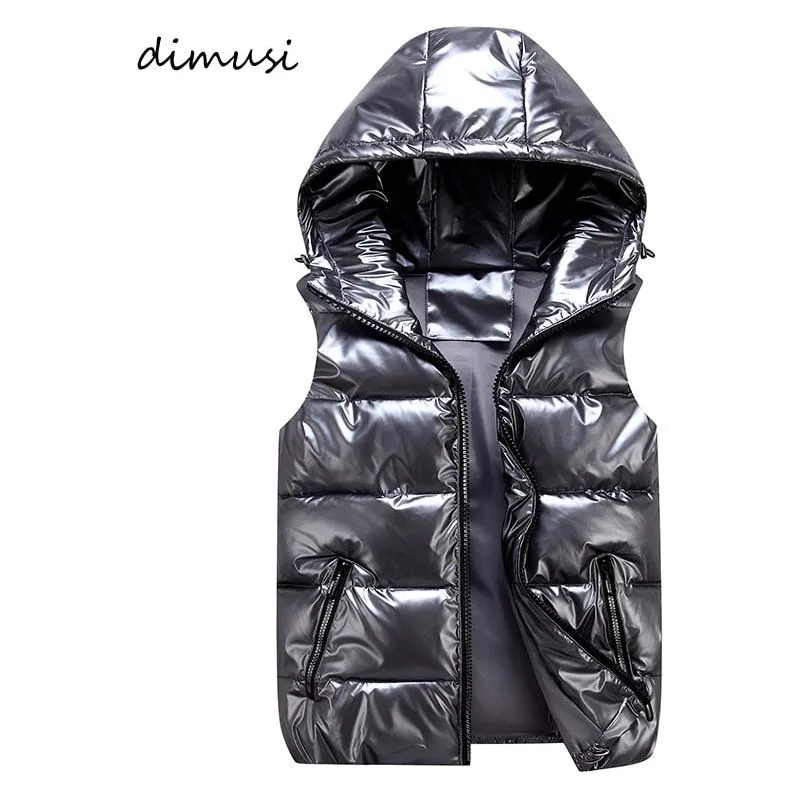 DIMUSI Men's Unisex Vest Winter Fashion Silver Metallic Colors Cotton-Padded Hooded Sleeveless Jackets Casual Thick