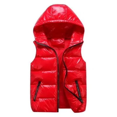 DIMUSI Men's Unisex Vest Winter Fashion Silver Metallic Colors Cotton-Padded Hooded Sleeveless Jackets Casual Thick