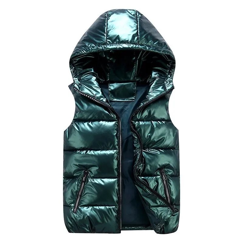 DIMUSI Men's Unisex Vest Winter Fashion Silver Metallic Colors Cotton-Padded Hooded Sleeveless Jackets Casual Thick