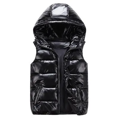 DIMUSI Men's Unisex Vest Winter Fashion Silver Metallic Colors Cotton-Padded Hooded Sleeveless Jackets Casual Thick