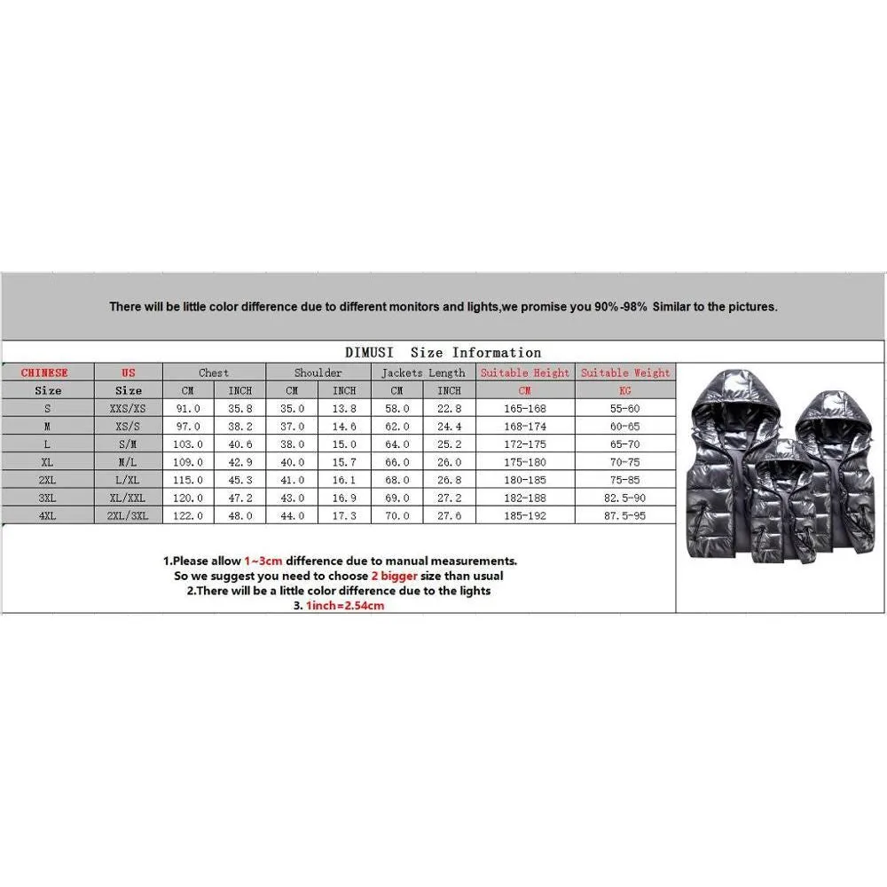 DIMUSI Men's Unisex Vest Winter Fashion Silver Metallic Colors Cotton-Padded Hooded Sleeveless Jackets Casual Thick