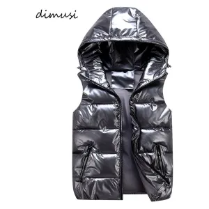 DIMUSI Men's Unisex Vest Winter Fashion Silver Metallic Colors Cotton-Padded Hooded Sleeveless Jackets Casual Thick
