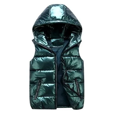 DIMUSI Men's Unisex Vest Winter Fashion Silver Metallic Colors Cotton-Padded Hooded Sleeveless Jackets Casual Thick