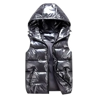 DIMUSI Men's Unisex Vest Winter Fashion Silver Metallic Colors Cotton-Padded Hooded Sleeveless Jackets Casual Thick