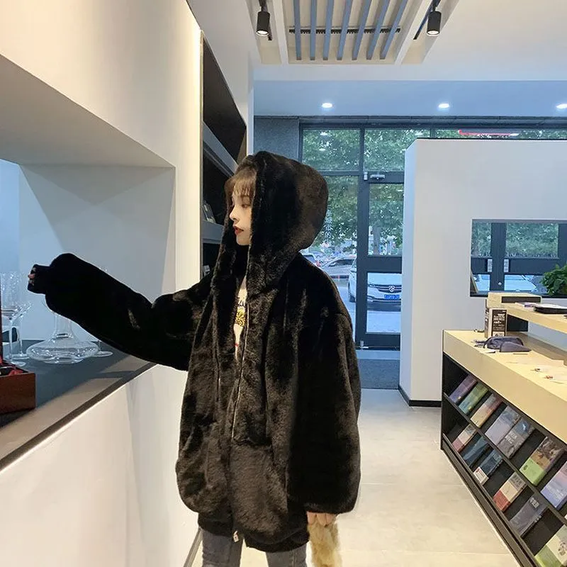 Extra-large women's padded jacket loose hooded plus fleece thick coat for women grunge plush coat solid simple casual home wear
