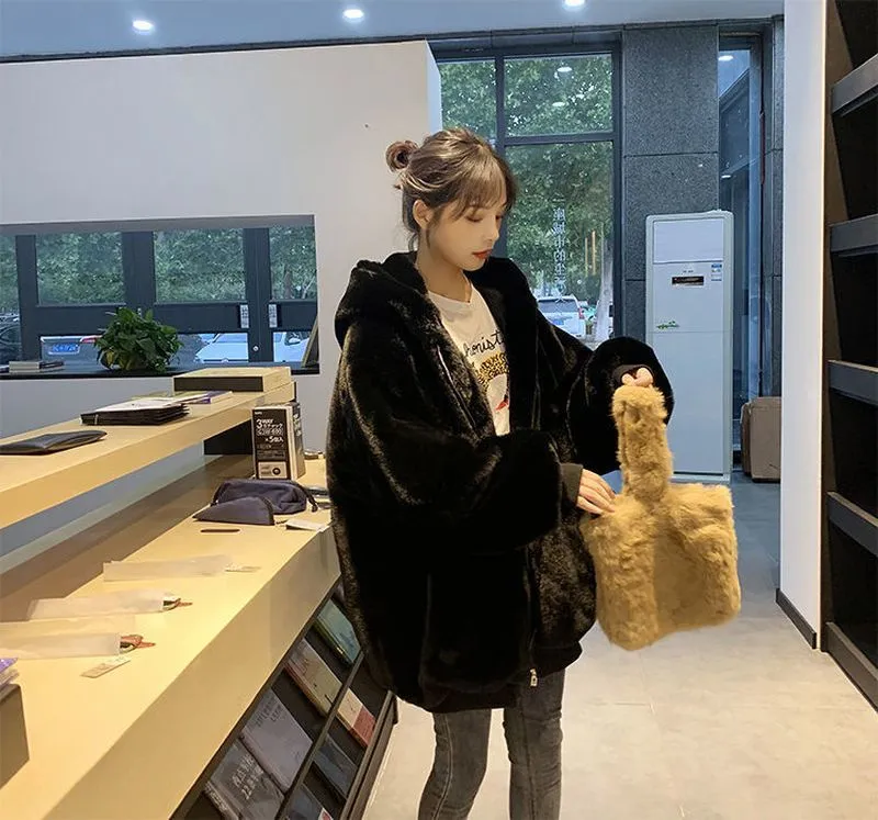 Extra-large women's padded jacket loose hooded plus fleece thick coat for women grunge plush coat solid simple casual home wear