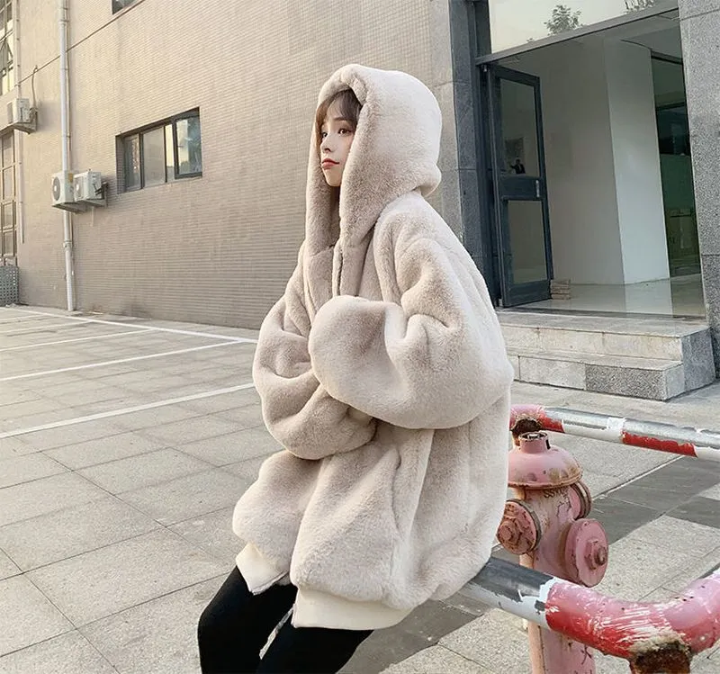 Extra-large women's padded jacket loose hooded plus fleece thick coat for women grunge plush coat solid simple casual home wear