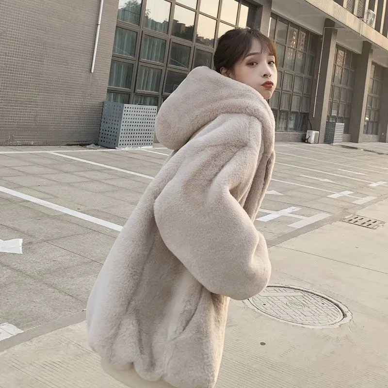 Extra-large women's padded jacket loose hooded plus fleece thick coat for women grunge plush coat solid simple casual home wear