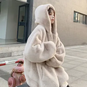 Extra-large women's padded jacket loose hooded plus fleece thick coat for women grunge plush coat solid simple casual home wear