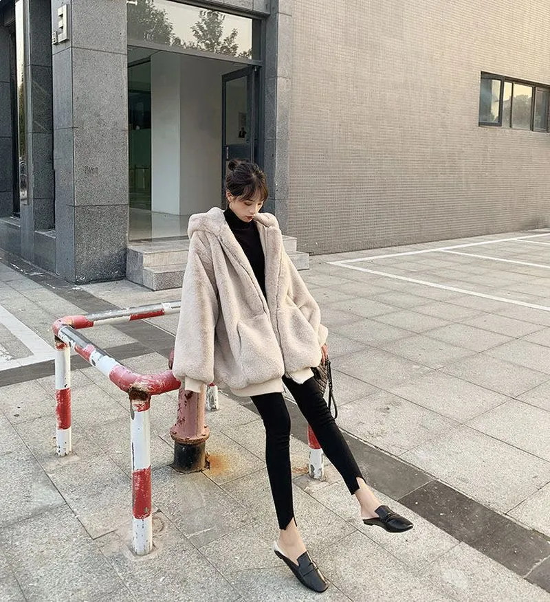 Extra-large women's padded jacket loose hooded plus fleece thick coat for women grunge plush coat solid simple casual home wear