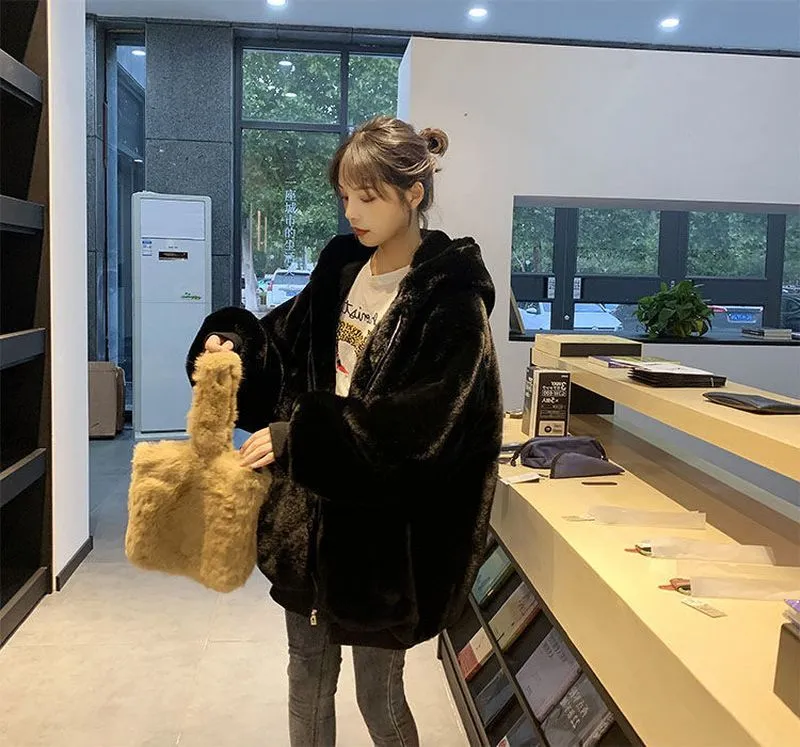 Extra-large women's padded jacket loose hooded plus fleece thick coat for women grunge plush coat solid simple casual home wear