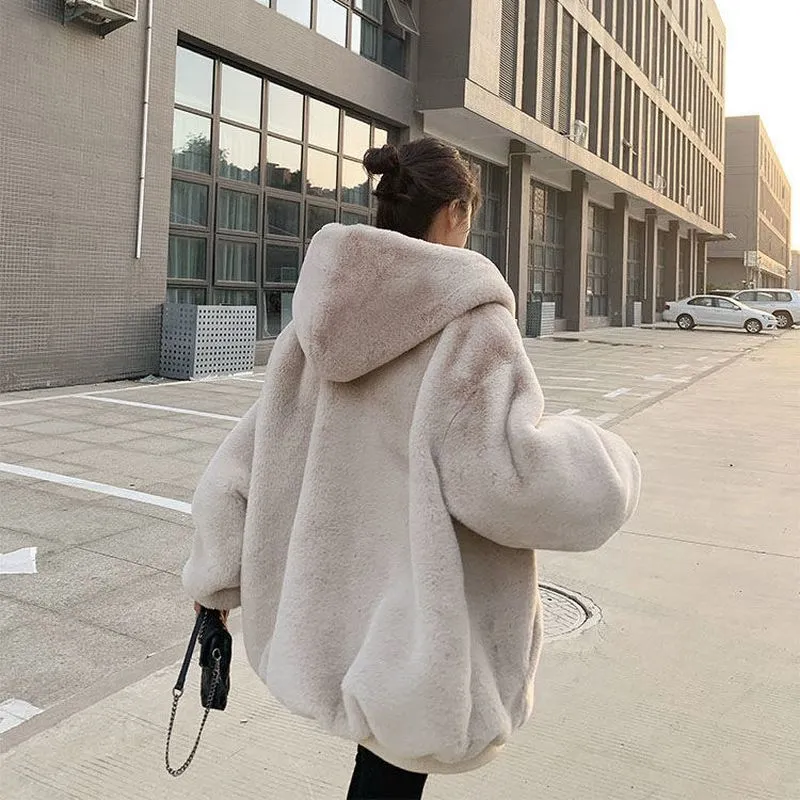 Extra-large women's padded jacket loose hooded plus fleece thick coat for women grunge plush coat solid simple casual home wear