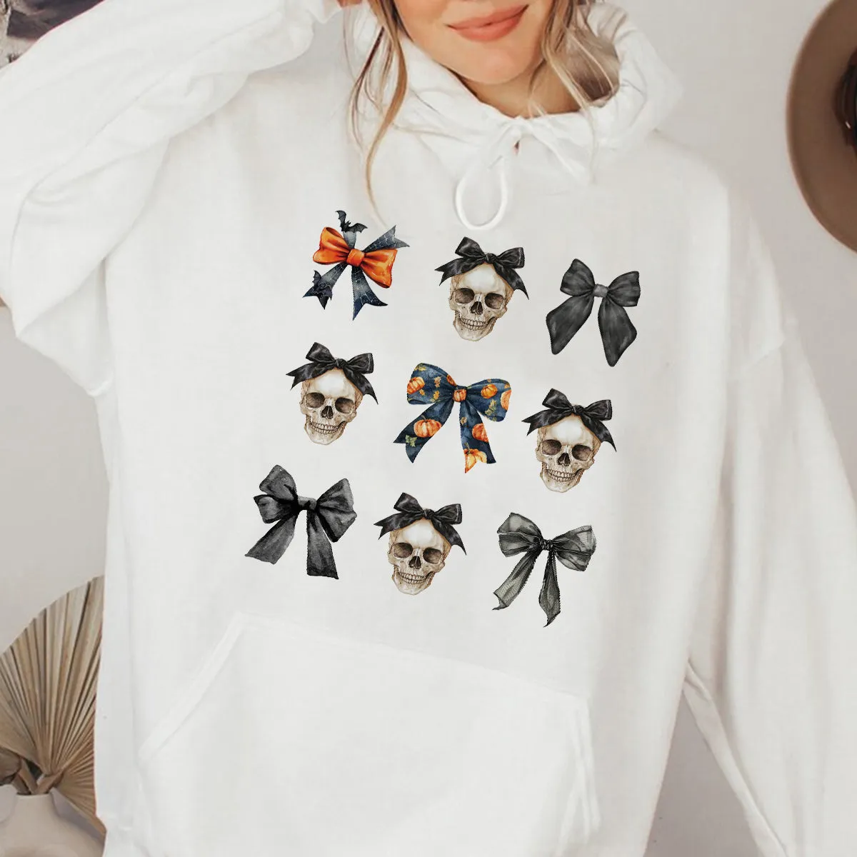 Halloween Skull Black Bow Shirt, Retro Halloween Sweatshirt, Fall Spooky Season T-shirt, Black Bow Skull Hoodies Mug, Halloween Costume Gift