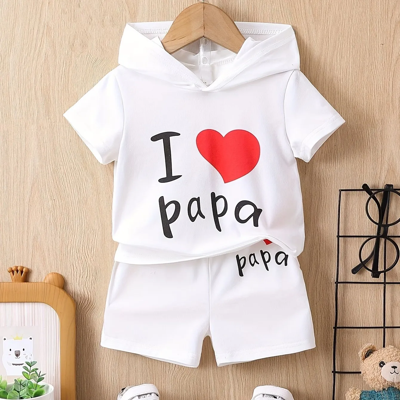 I Love Papa Summer Set Hooded Tshirt  Shorts for Baby Boy
