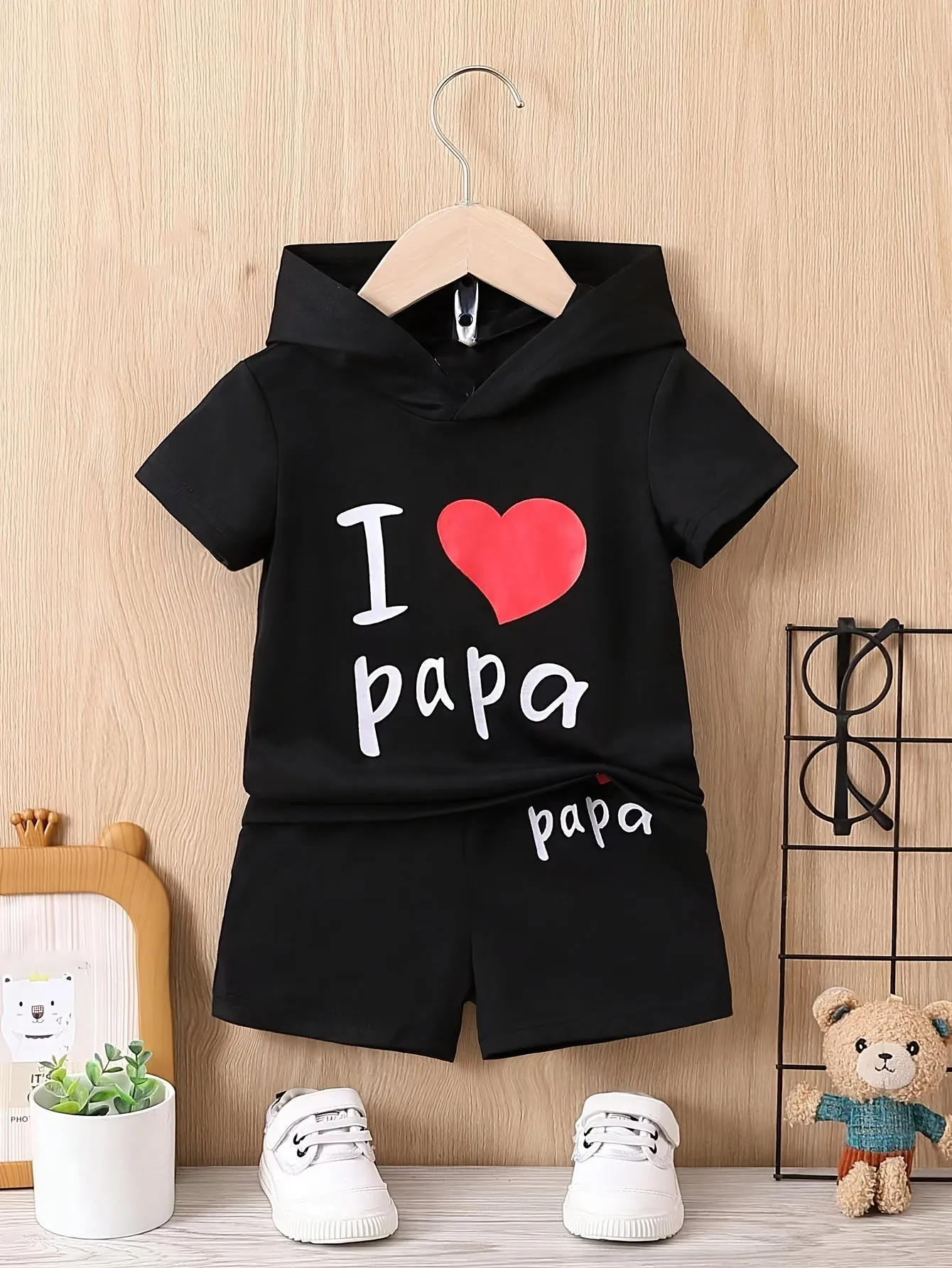 I Love Papa Summer Set Hooded Tshirt  Shorts for Baby Boy