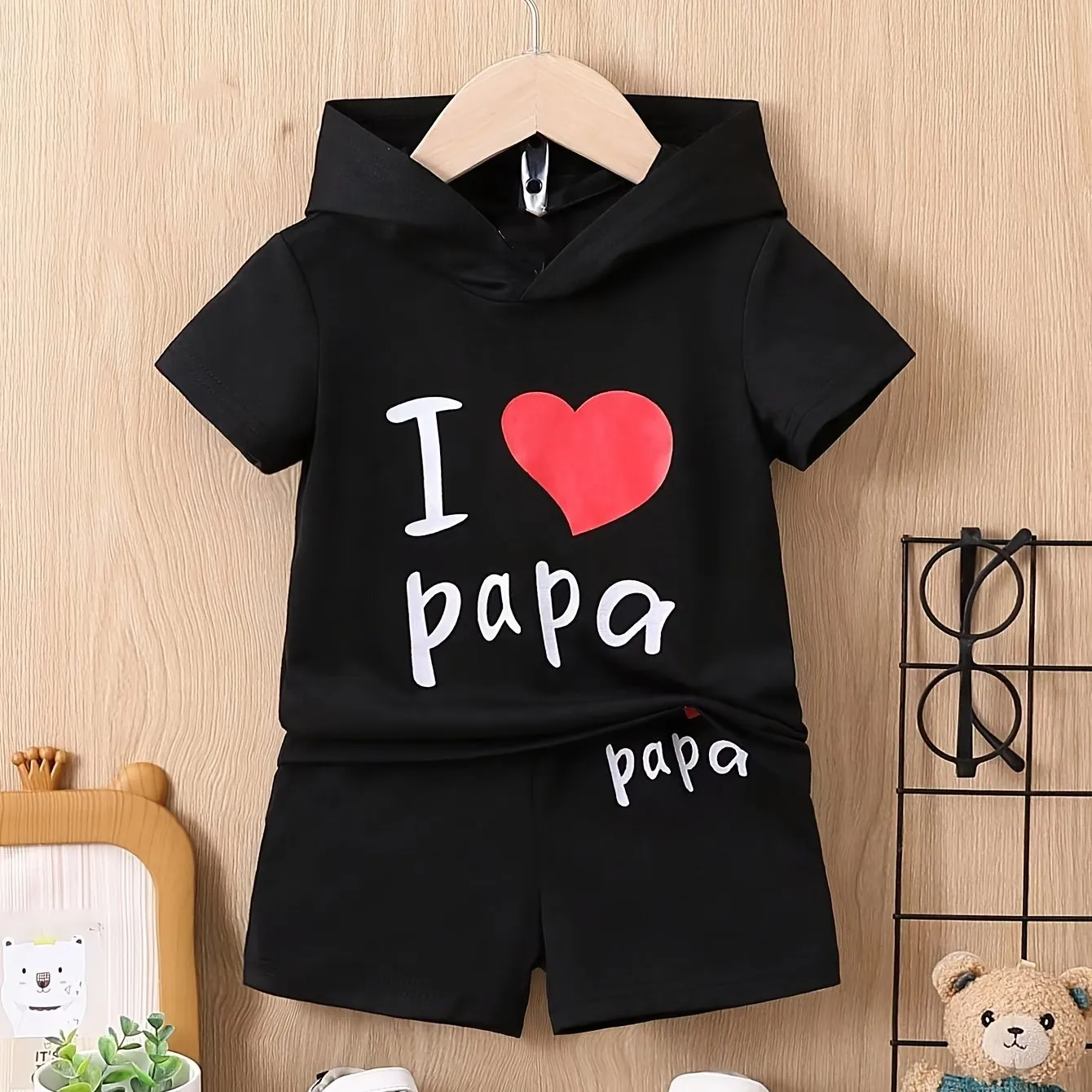 I Love Papa Summer Set Hooded Tshirt  Shorts for Baby Boy