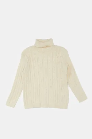 Infant Girls Beige Knitted High Neck Pullover